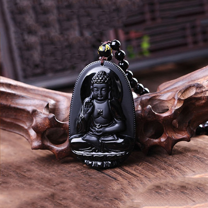 Amitabha Pendant Necklace Black Obsidian Carved Buddha Lucky Amulet Necklaces For Women Men Jewelry Gifts Jewelry