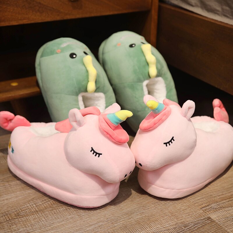 One Size US 6-10.5 Winter Men Women Slippers Indoor Toys Animal Unicorn Dinosaur Husky Totoro Shoes Warm Home House Slides