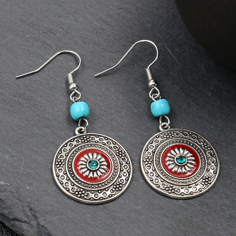 Exknl Fashion Vintage Drop Earrings For Women Alloy Crystal Ethnic Beads Boho Flower Earrings Colorful Dangle Earrings Jewelry
