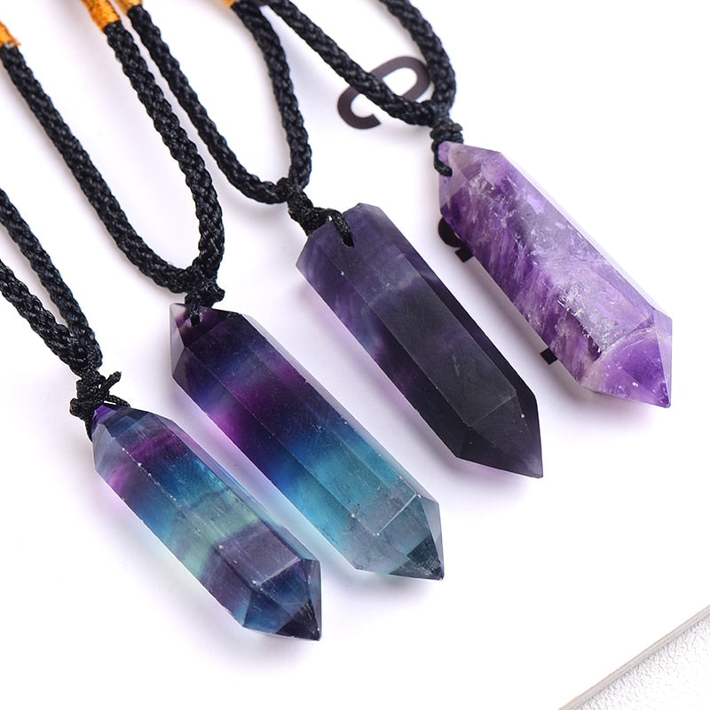 Natural Rainbow Fluorite Necklace Single Point Hexagonal Prism Pendant Striped Crystal Fluorite Necklace Health Energy Stone 1PC