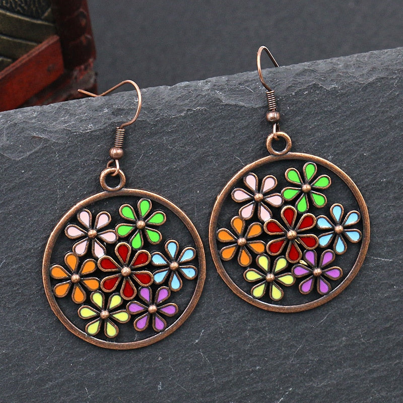 Exknl Fashion Vintage Drop Earrings For Women Alloy Crystal Ethnic Beads Boho Flower Earrings Colorful Dangle Earrings Jewelry