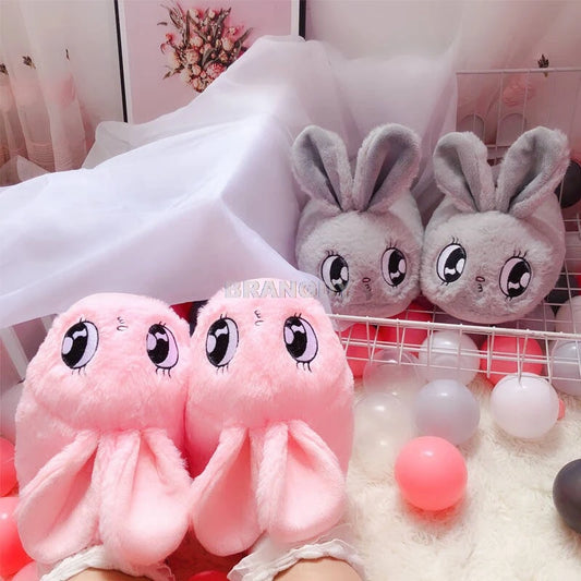 2021 Cute pink rabbit gray bunny slipper cartoon animal plush slippers female winter warm rabbit home woman slipper - Charlie Dolly