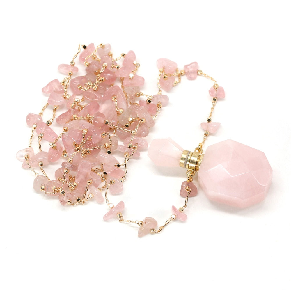 Natural Stone Perfume Bottle Necklace Pink Quartz Pendant Charms For Elegant Women Love Romantic Gift 60 CM