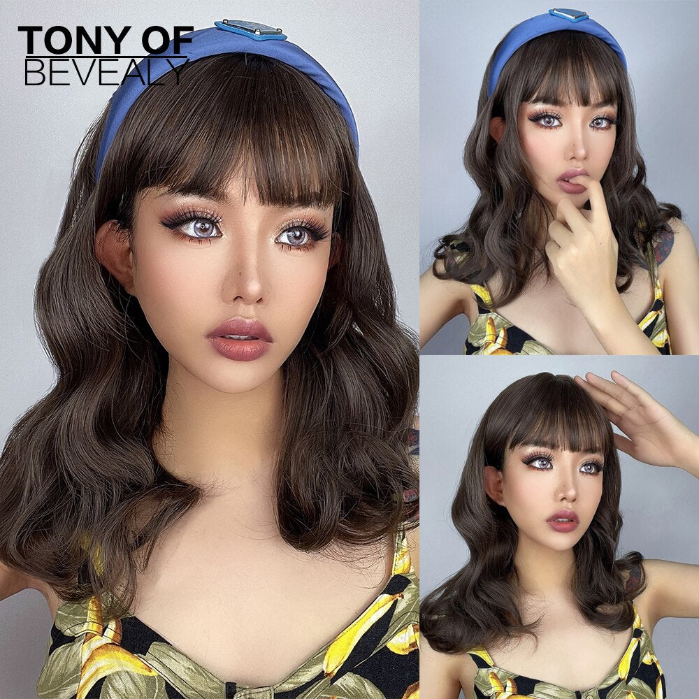 Medium Length Water Wave Synthetic Wigs Cute Pink Wigs With Bangs for Women Cosplay Natural Heat Resistant Bob Lolita Hair