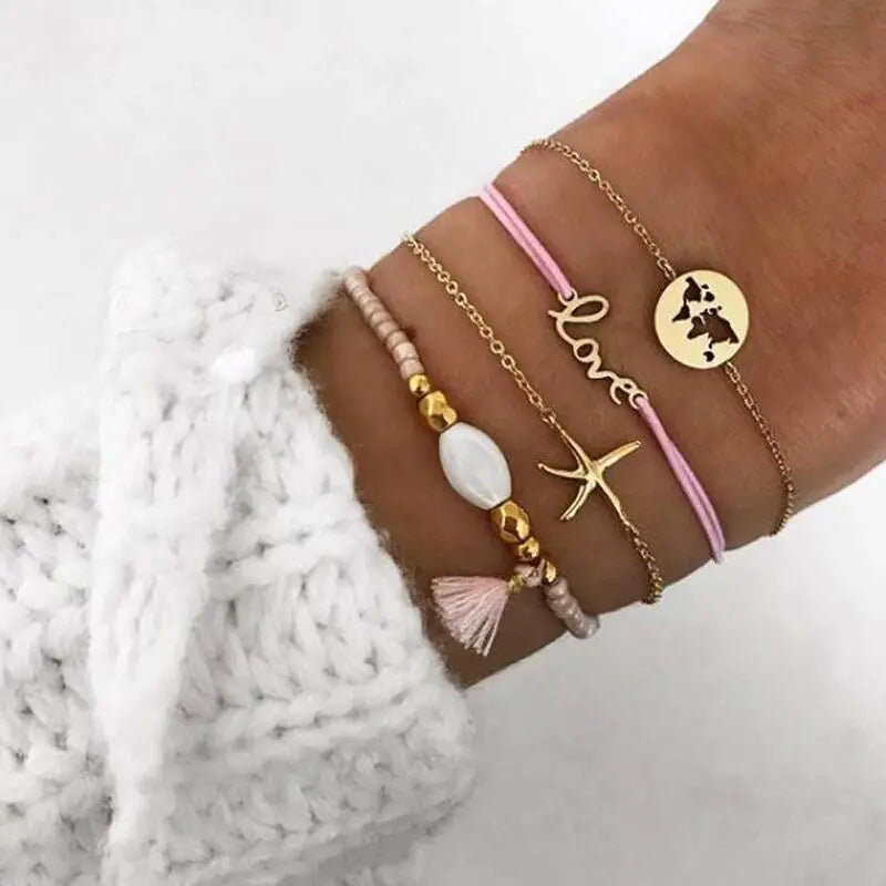 Boho Charm and Crystal Bead Bangle Bracelet Set