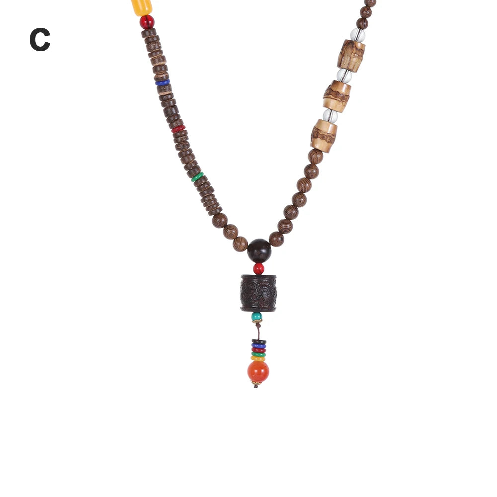 Nepal Wood Bead Pendant Long Necklace Jewelry