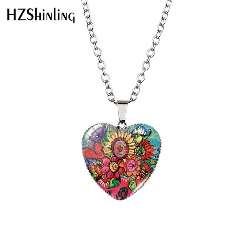 Sunflower Heart Necklace Yellow Sunflower Pendant Glass Picture Jewelry Fashion Heart Necklace HZ3