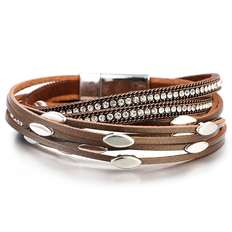 ALLYES Leaf Charm Pink Leather Bracelets for Women 2023 Fashion Crystal Chain Boho Multilayer Wrap Bracelet Femme Jewelry