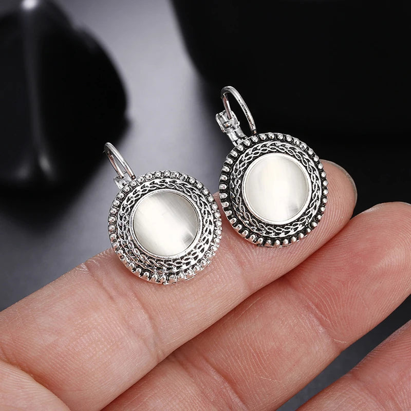 Tibetan Silver Opal Carved Long Earrings Jewelry