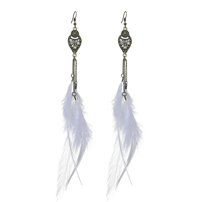 Feather Rhinestone Chain Tassel Long Earrings Jewelry