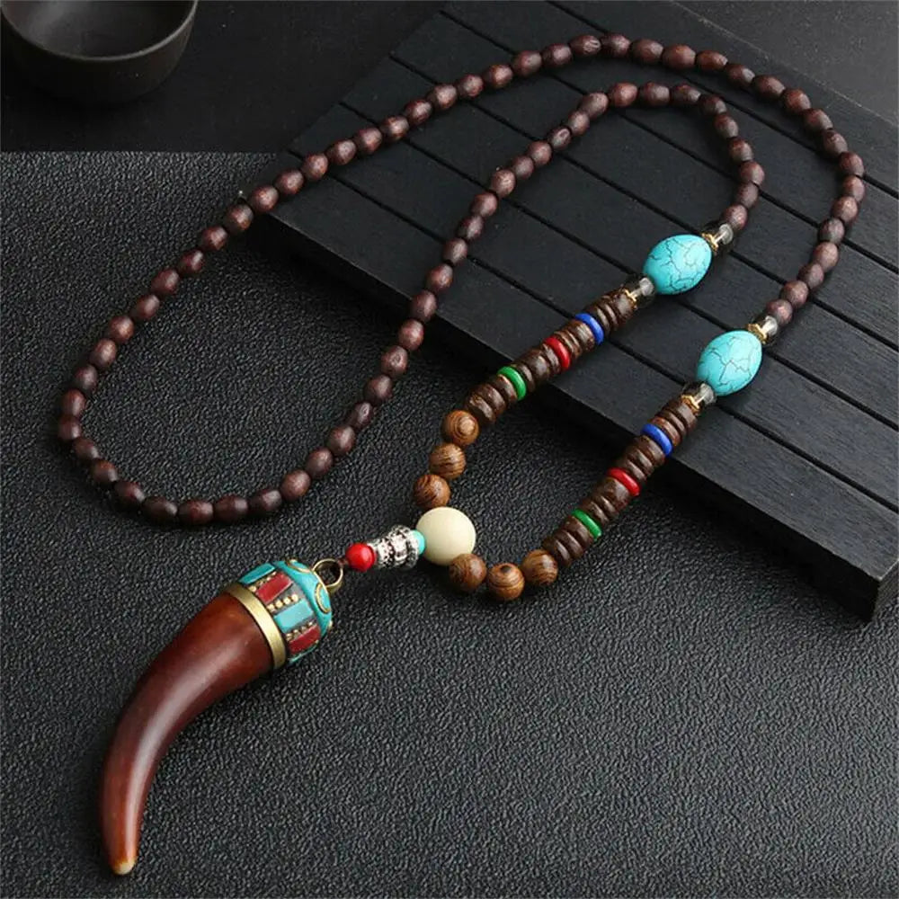 Nepal Wood Bead Pendant Long Necklace Jewelry