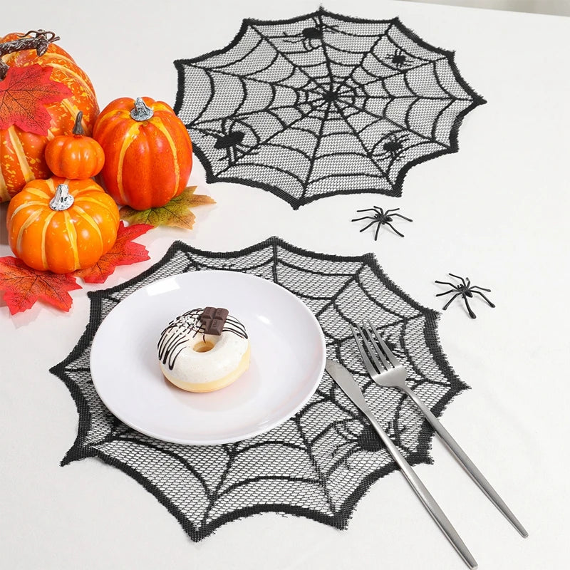 Halloween Black Lace Placemat Happy Halloween Party Decorations 2024 For Home Spider Web Tablecloth Kitchen Dining Table Covers - Charlie Dolly