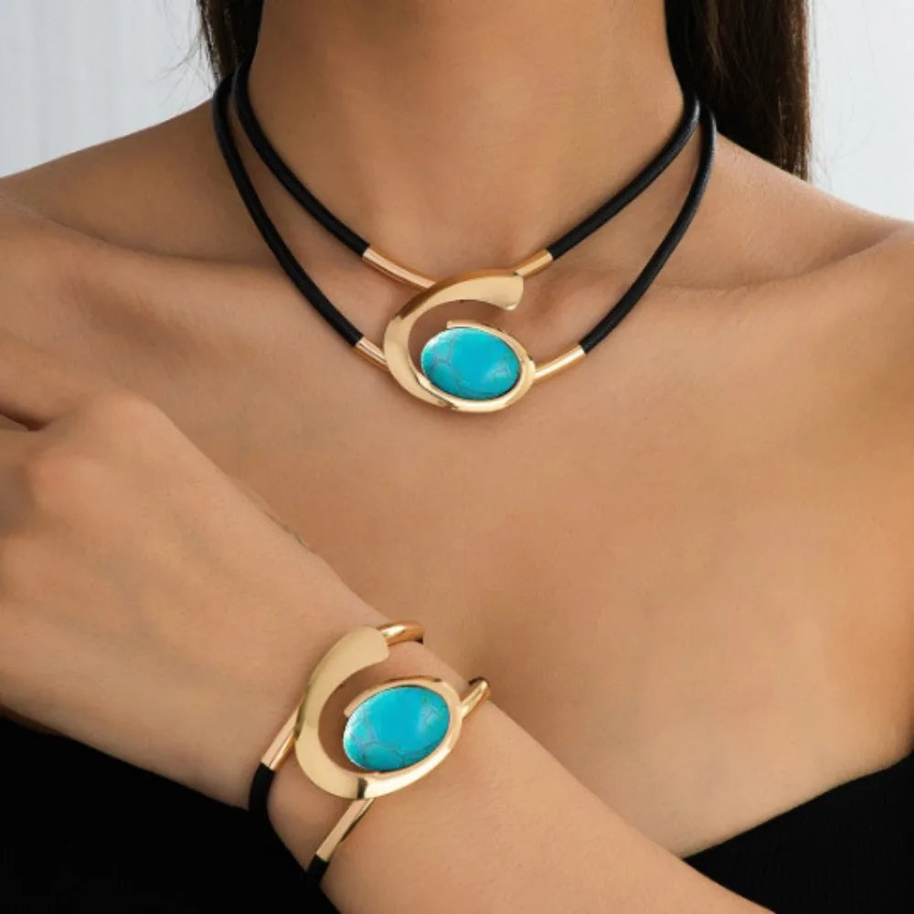 Spiral Gemstone Leather Necklace Bracelet Set Jewelry