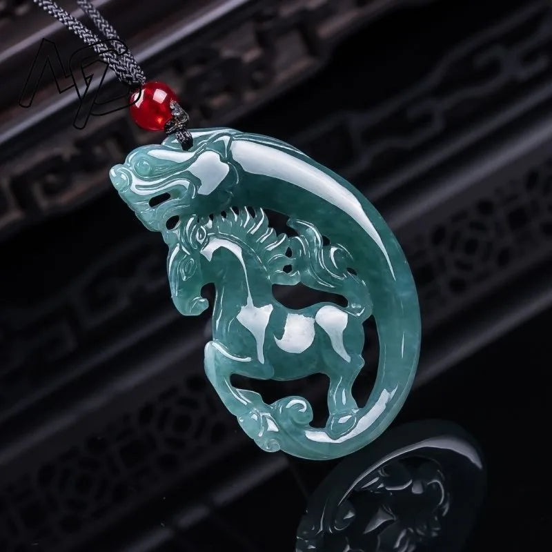 Real Myanmar Emerald Blue Water Jade Horse Card Pendant Necklace, Certified Amulet