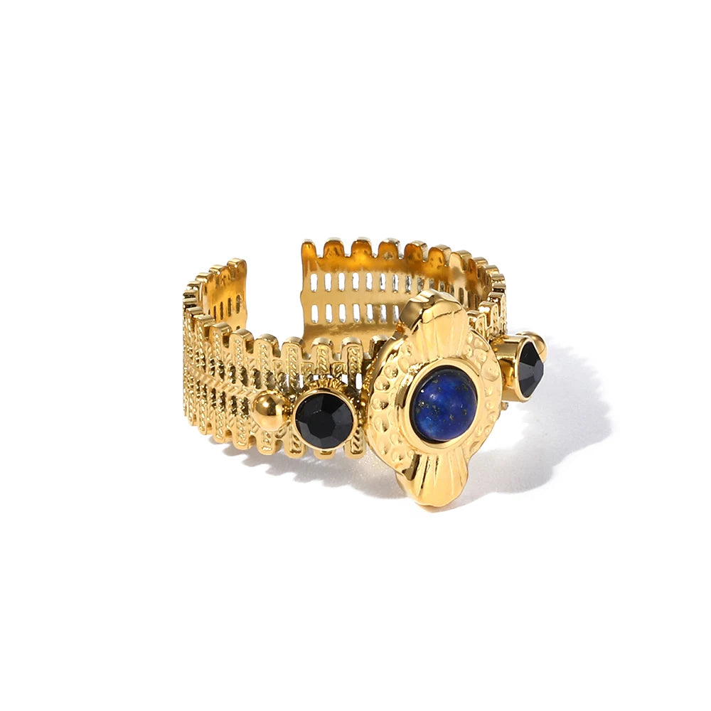 YACHAN Boho Vintage Stainless Steel Rings for Women Pink Natural Stone Lazurite 18K Gold Plated Aesthetic Trend Jewelry - Charlie Dolly