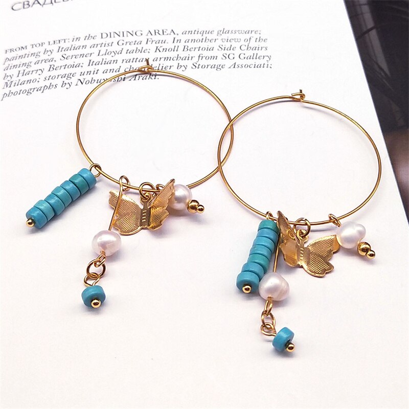 Boho Butterfly Pearl Tassel Hoop Earrings for Women Stainless Steel Blue Bead Dangle Earring Kpop Party Jewelry Gift