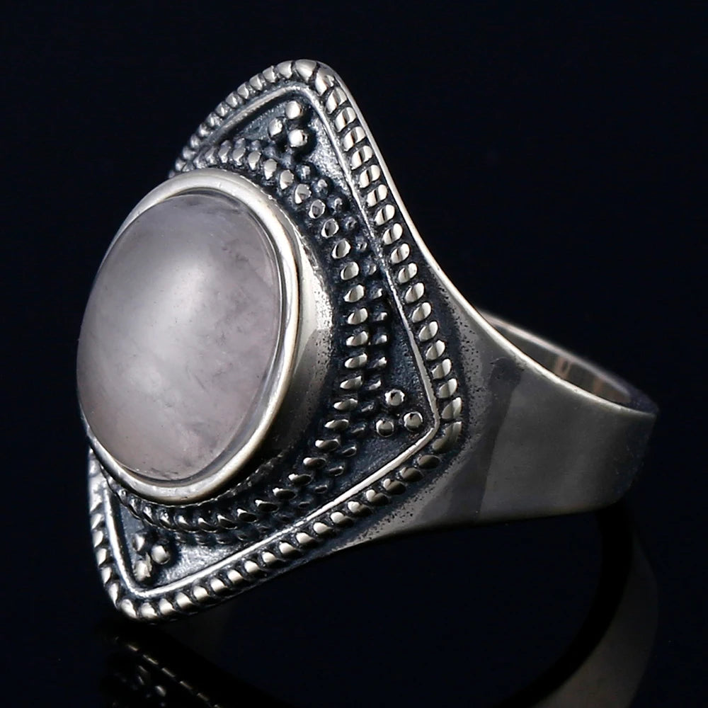 Natural Rose Quartz Oval Gemstone Ring - Vintage Boho Silver Plated Handmade Jewelry for Women Gift Party & Daily Wear - Charlie Dolly