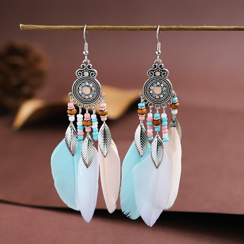 Vintage Bohemian Ethnic Style Earrings Long Rice Bead Tassel Earrings FOR WOMEN Alloy Dripping Oil Long Tassel Earrings - Charlie Dolly