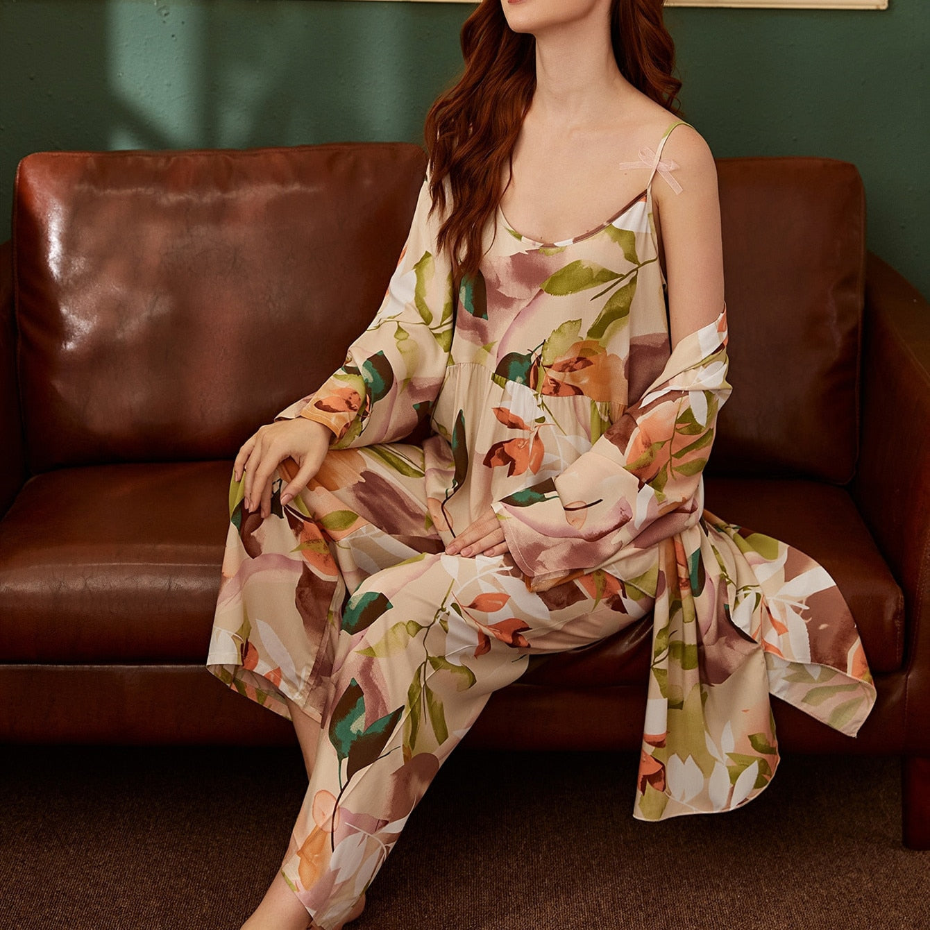 HOT SELLING 3Pcs Soft Pajama Set For SPRING & FALL Ladies Sleepwear Floral Printed Pink Leaves Cardigan+Camisole+Pants Homewear
