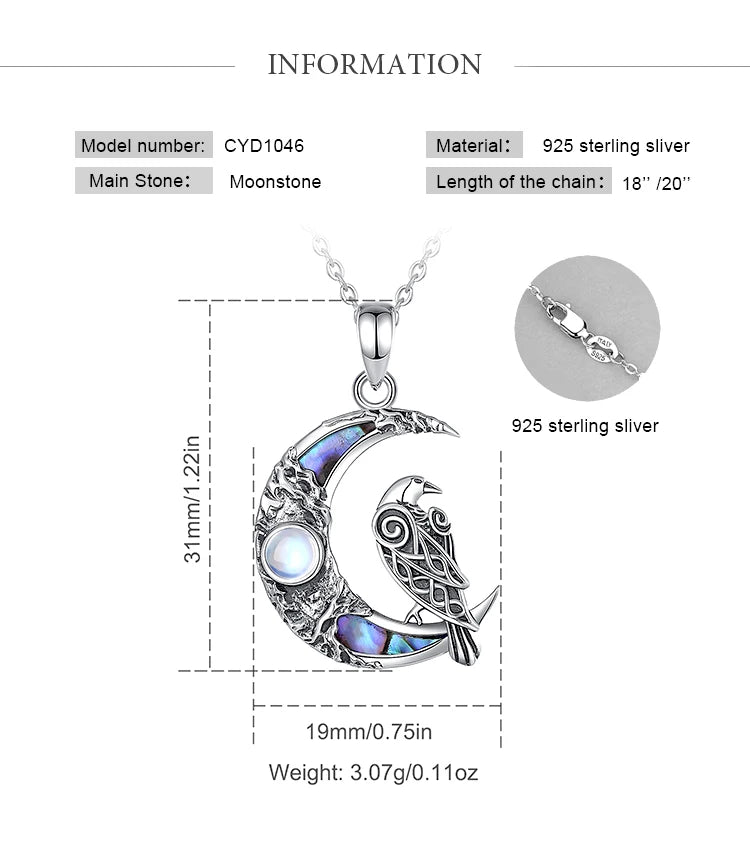Sterling Silver 925 Viking Raven & Pentagram Moon Necklace, Abalone Shell Amulet
