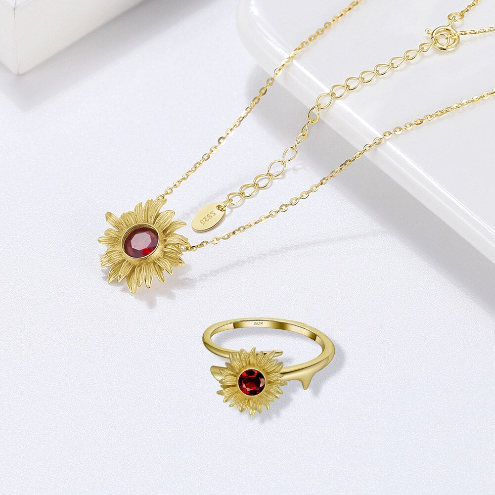 ORSA JEWELS Genuine Natural Garnet 925 Silver Sunflower Design Pendant Necklace for Women Fashion Gemstone Jewelry Gift GMN22
