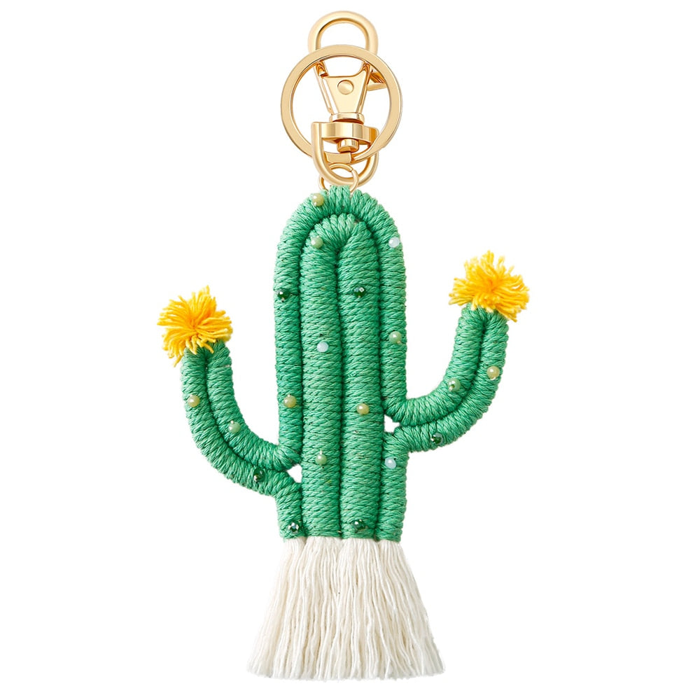 Handmade Weaving Green Plant Cactus Keychain Bohemia Backpack Pendant Key Ring Tassel Cotton Rope Car Hanging Key Holder Jewelry