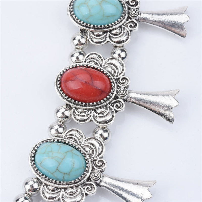 Red and Turquoise Stone Squash Blossom Flower Bib Necklace Turquoise and Silvertone Beaded Squash Blossom Choker Boho CRYSTAL