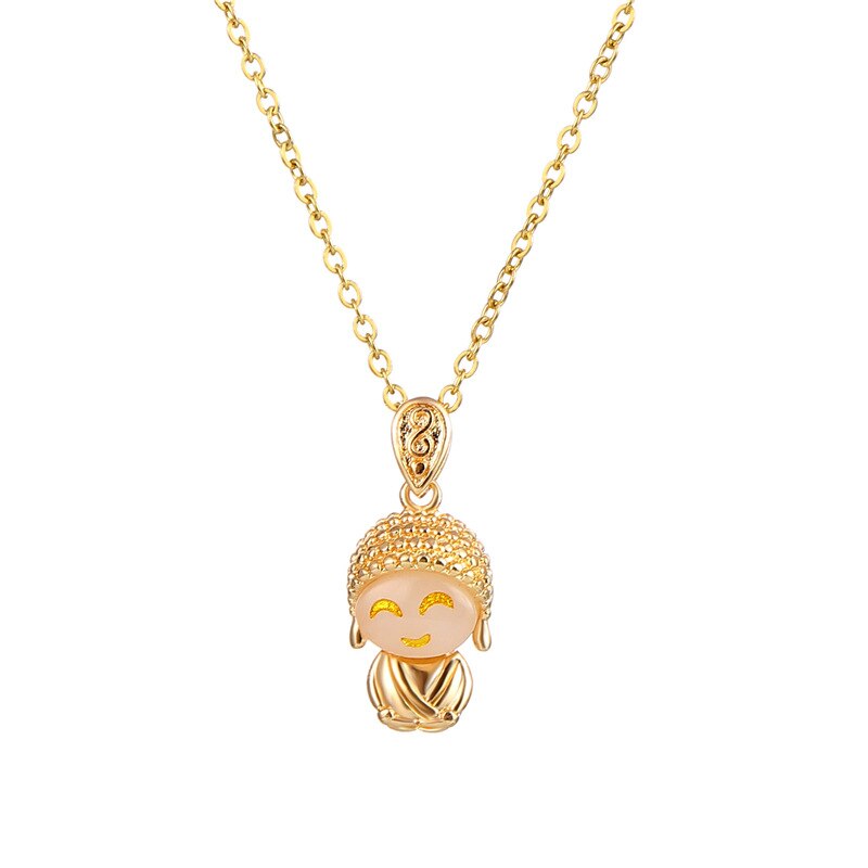 Maitreya Buddha Titanium Steel Female Inlaid Jade Smiling Face Buddha Necklace Gold Color Chain Portrait Pendant Chokers