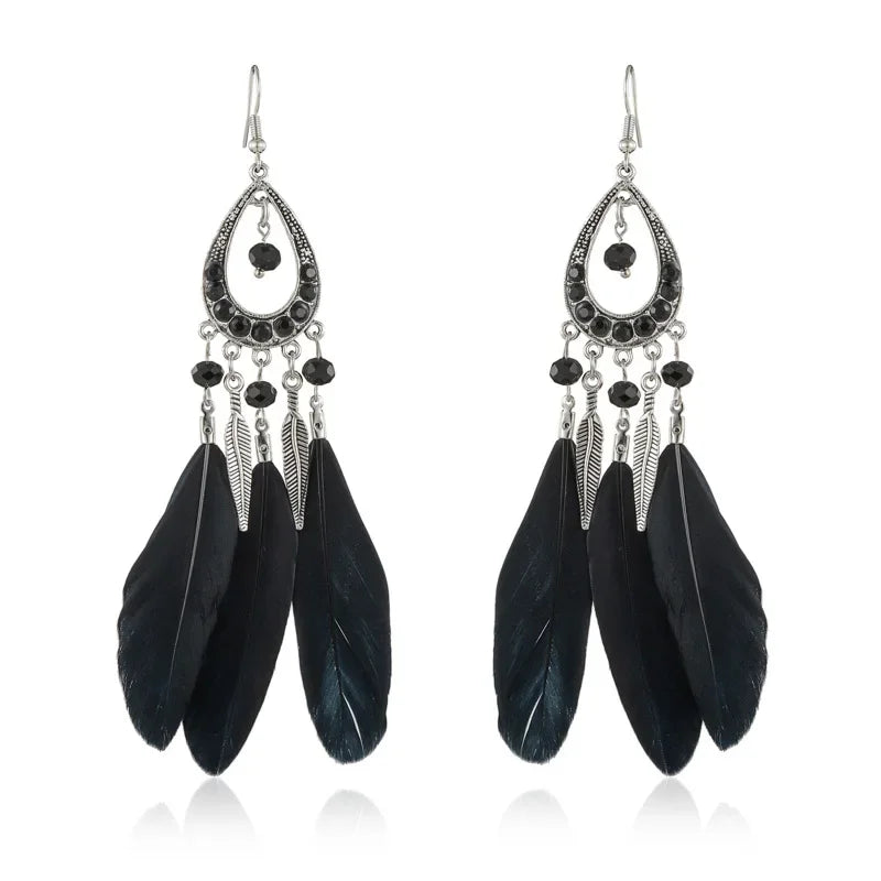Feather Crystal Tassel Boho Dangle Earrings Jewelry