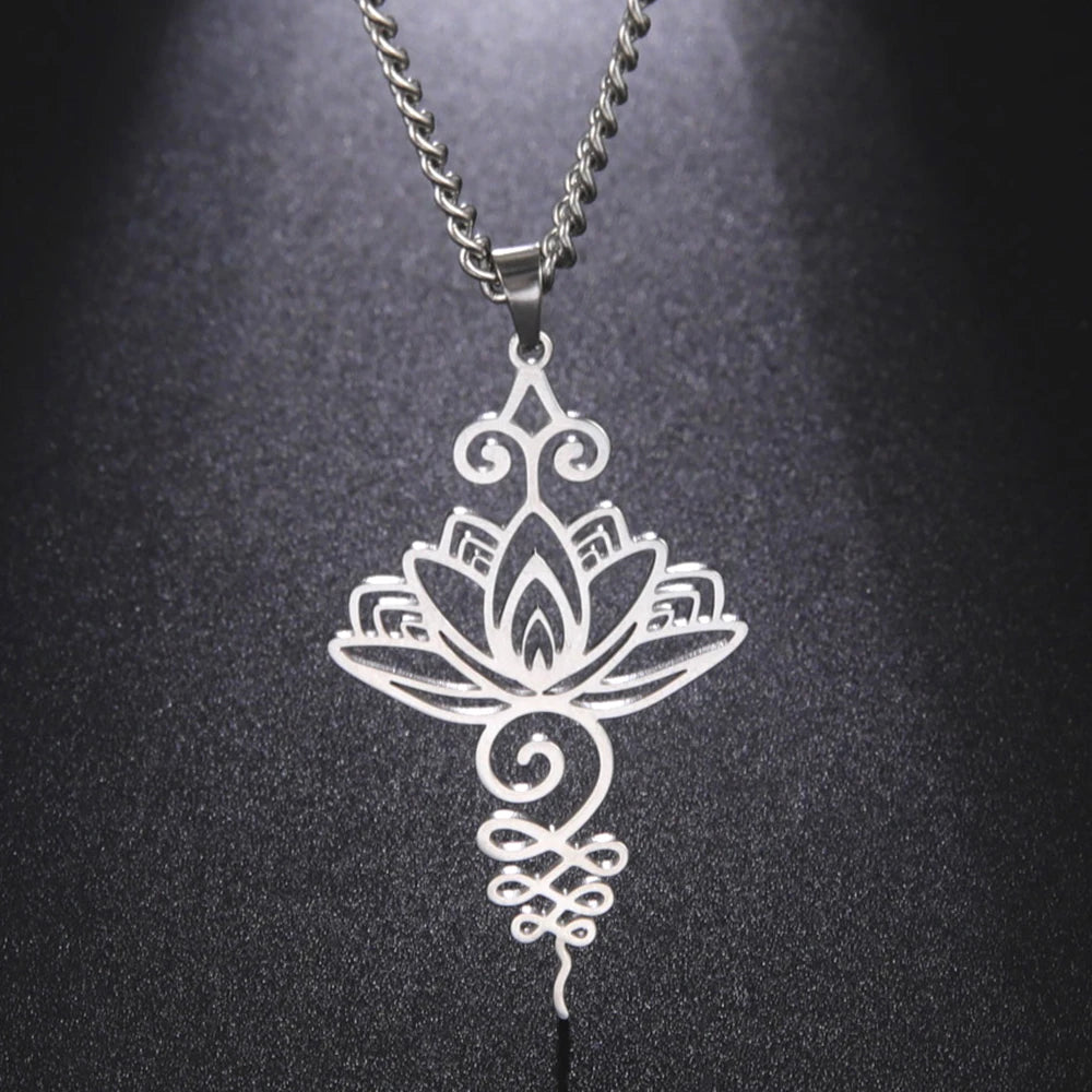 Lotus & Unalome Chakra Pendant, Stainless Steel Sacred Path Necklace