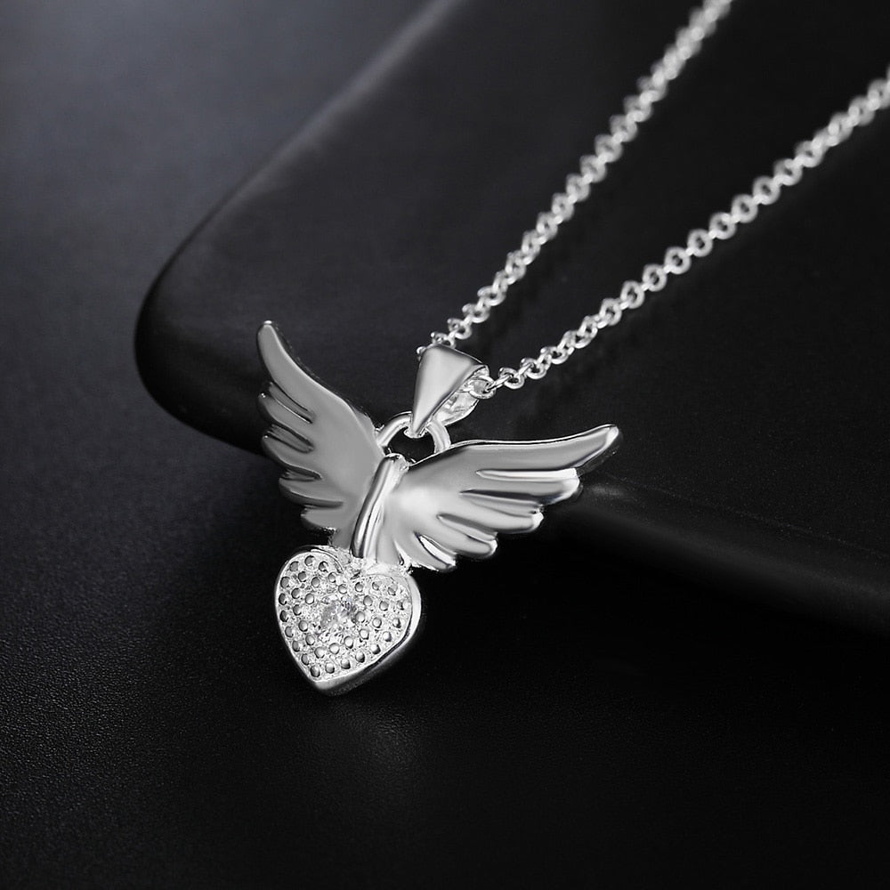 925 Sterling Silver 18 inches Zircon elegant Heart wings Pendant Necklace For Women Fashion Jewelry Christmas Gifts - Charlie Dolly
