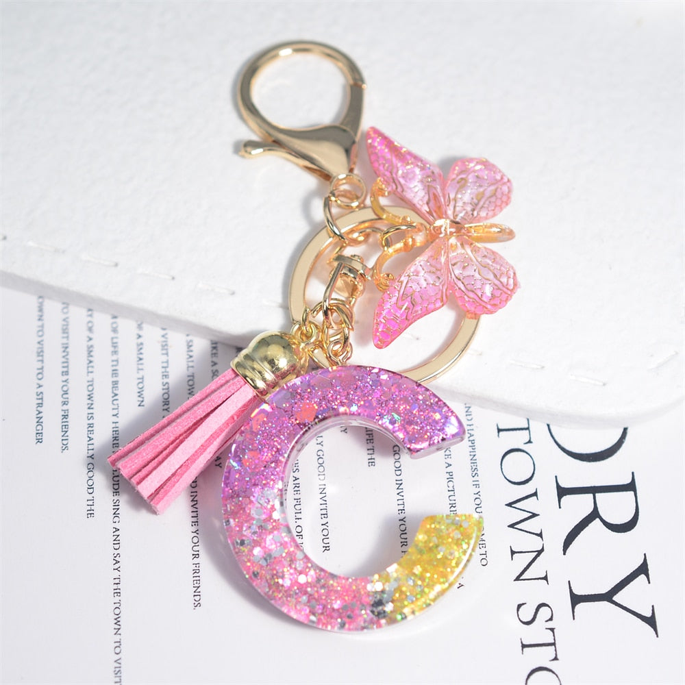 Cute Resin A-Z Initials Letter Keychain Pink Sparkle Butterfly Tassel Pendant Keyring for Women Girl Purse Handbags Jewelry Gift - Charlie Dolly