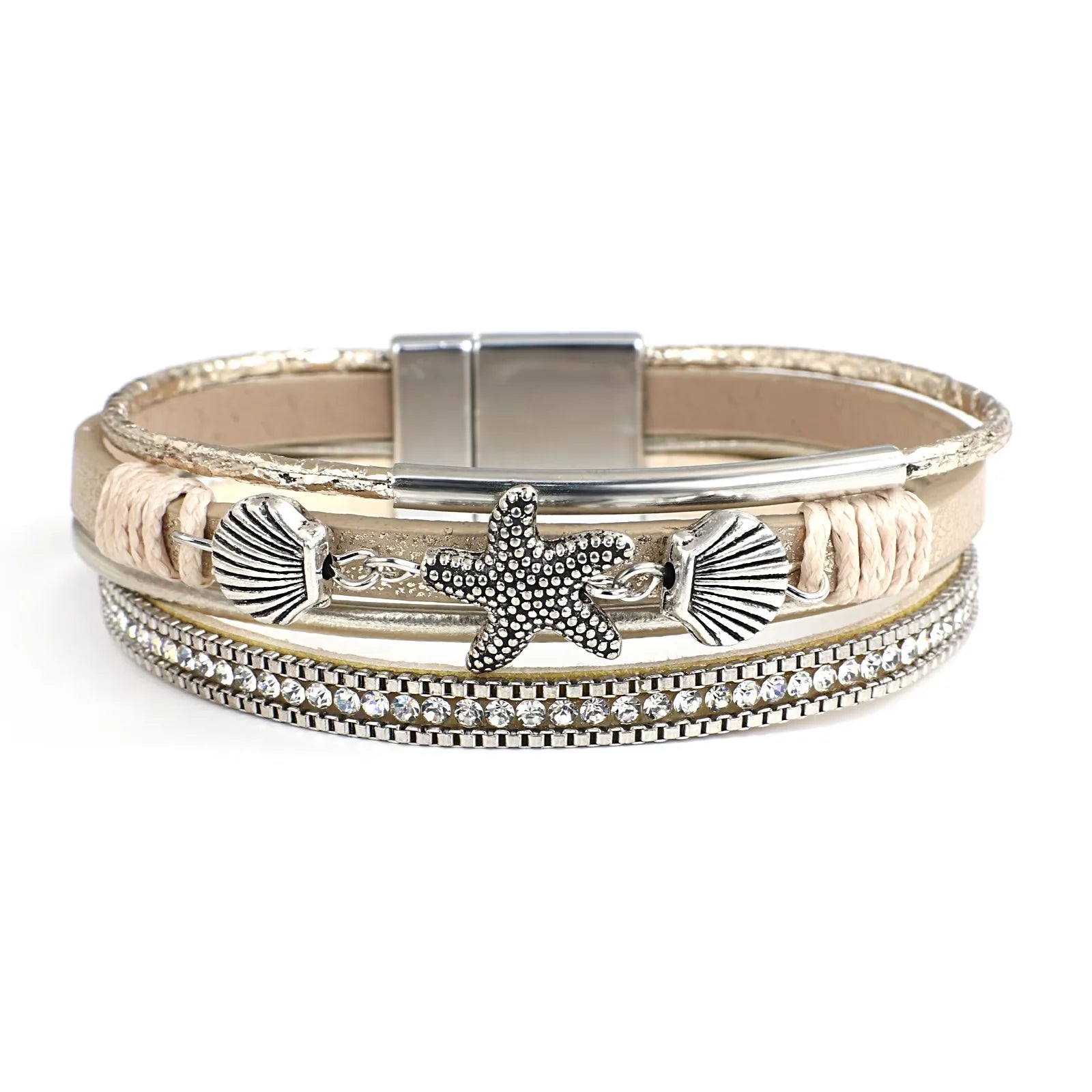 Starfish Shell and Crystal Bead Leather Boho Bracelet