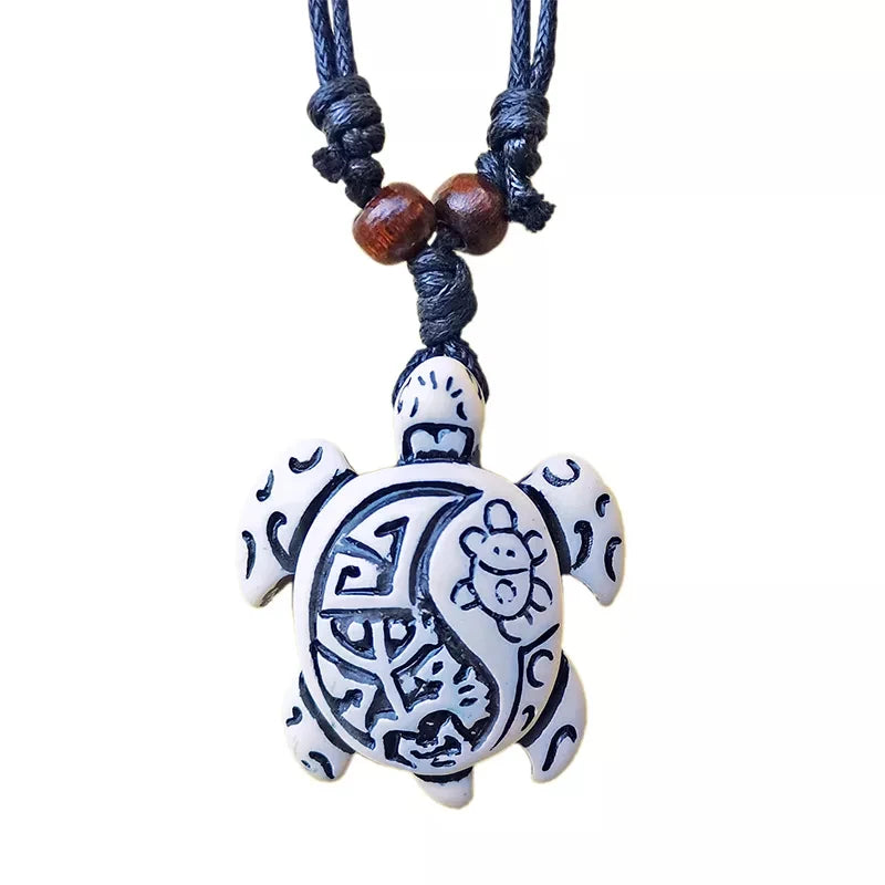Sea Turtle Bone Pendant Wax Cord Necklace Jewelry