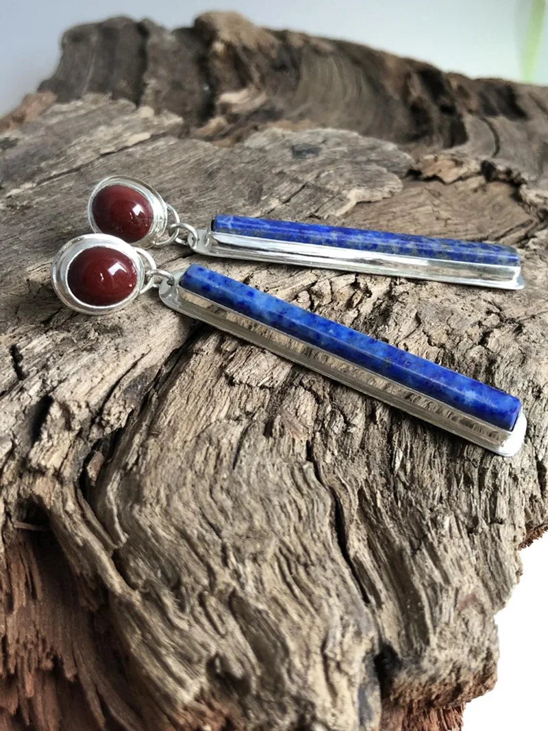 Retro Bohemian Rectangular Lapis Lazuli earrings, Fashionable Bluestone pendant, women's Jewelry Accessories - Charlie Dolly