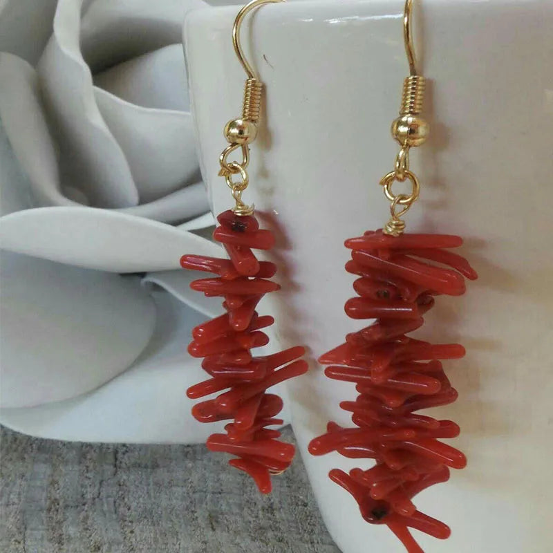 Handmade Coral Red Drop Earrings with Freshwater Pearl Lapis Lazuli Stone Women Jewelry - Charlie Dolly