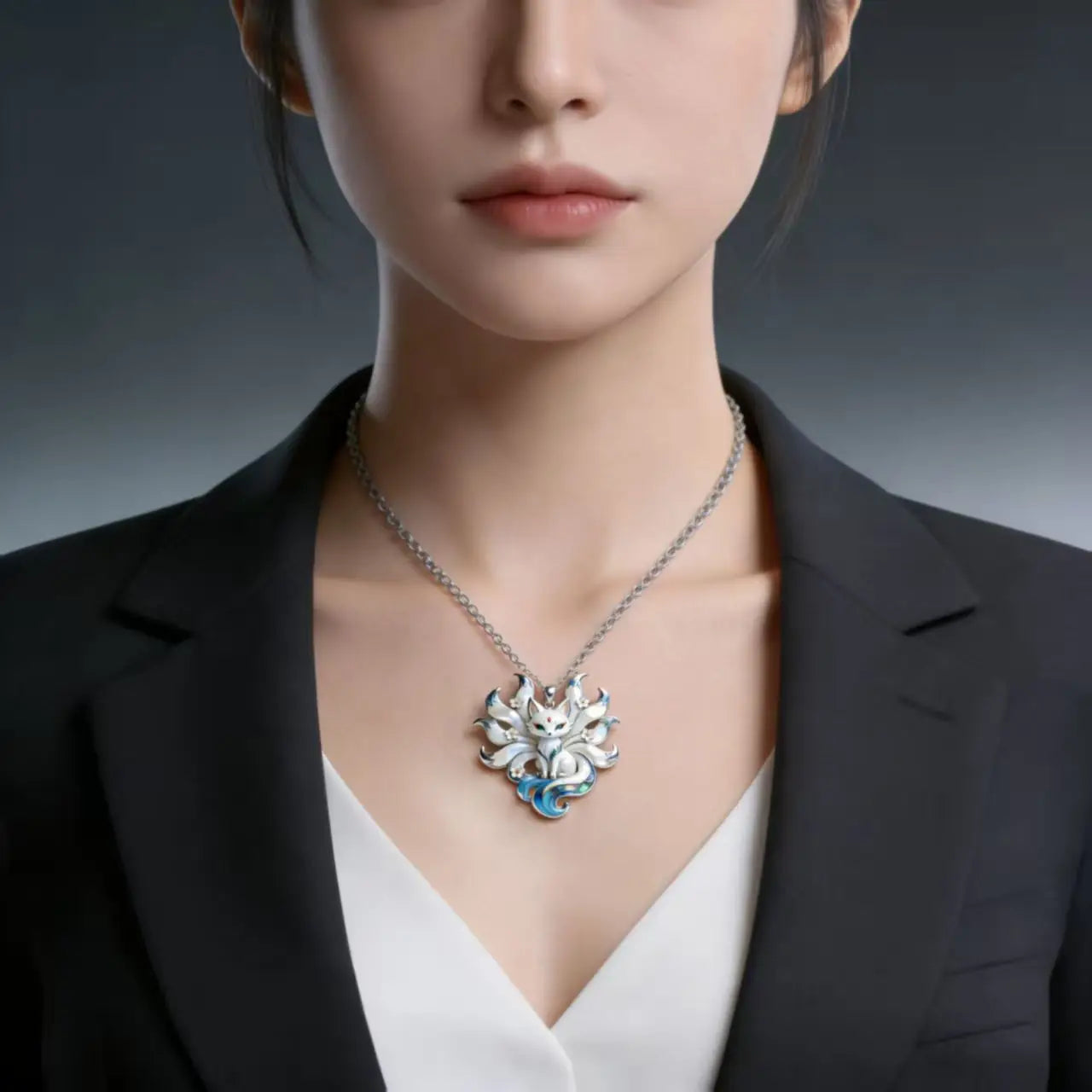 Nine-Tailed Fox Enamel Pendant Necklace, Kitsune Spirit Talisman