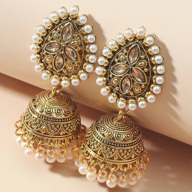 Pearl Rhinestone Carved Jhumka Bell Earrings Jewelry