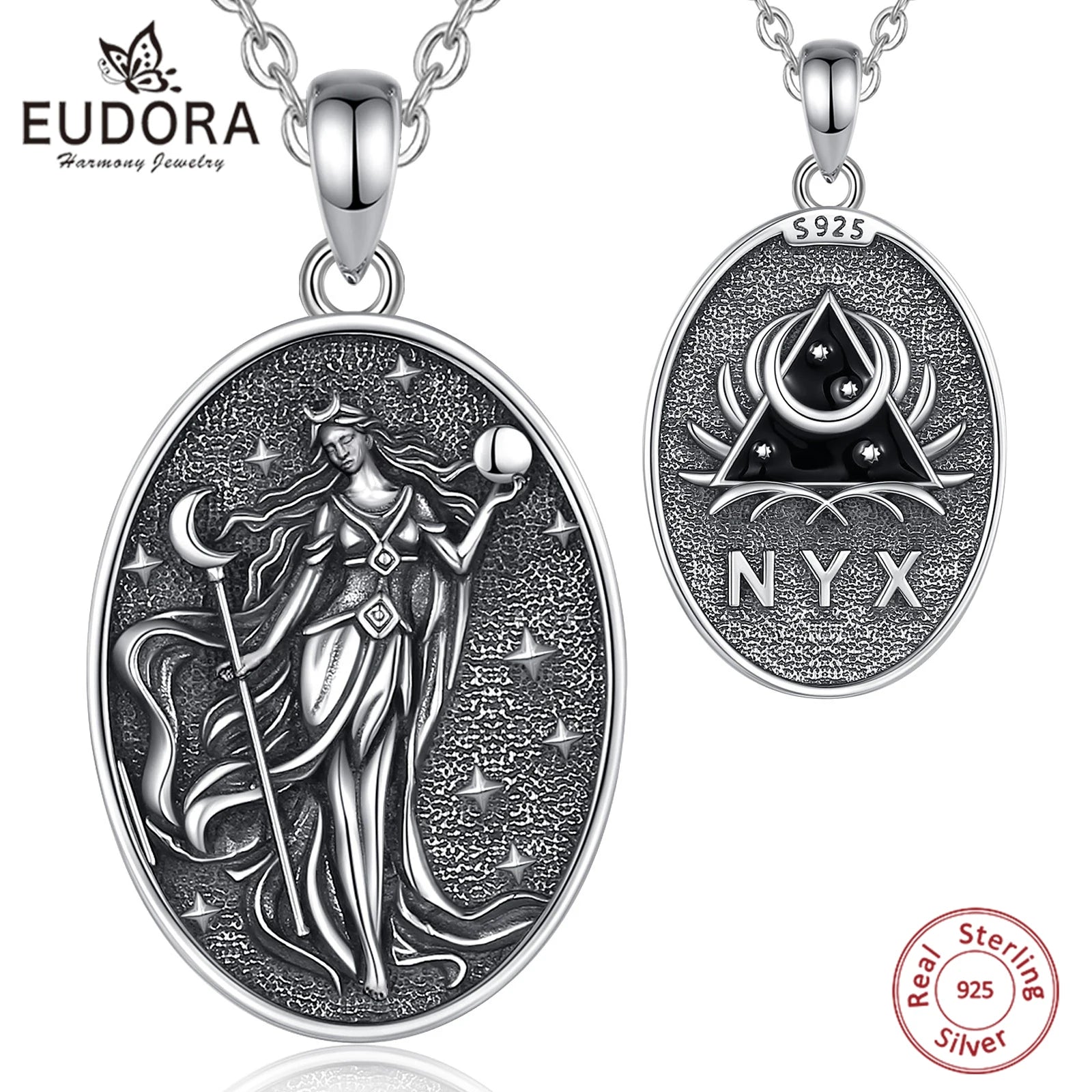 S925 Sterling Silver Nyx Moon Goddess Pendant Necklace, Dark Goddess of Night Wicca Amulet