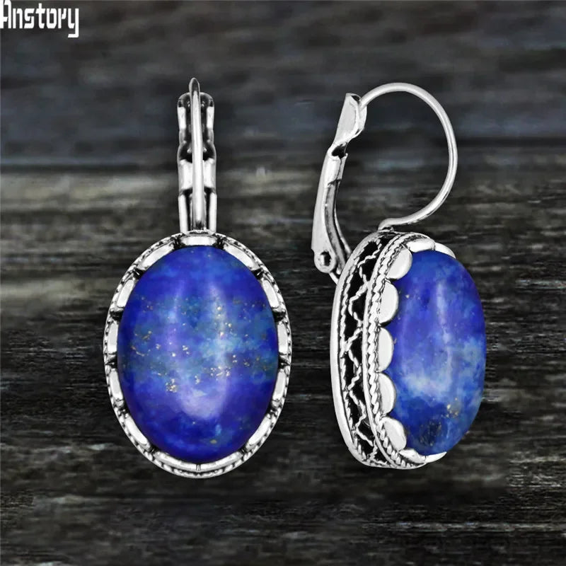 Oval Amethysts Earrings For Women Tibetan Silver Natural Stone Rose Quartz Lapis Lazuli Tiger Eye Fashion Earring - Charlie Dolly