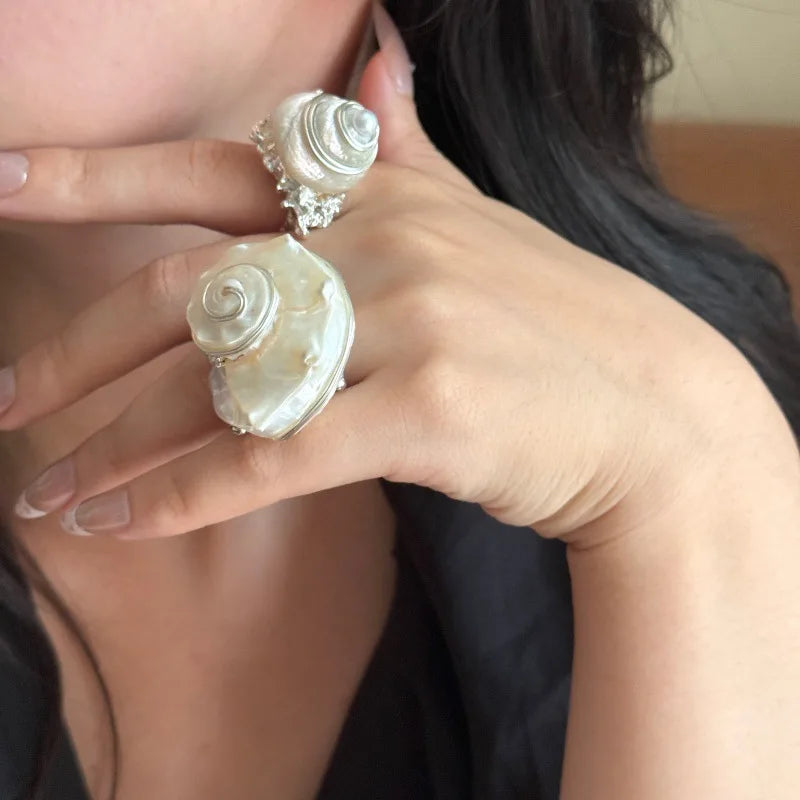 Natural Sea Snail Shell Wire Wrapped Pearl Boho Ring