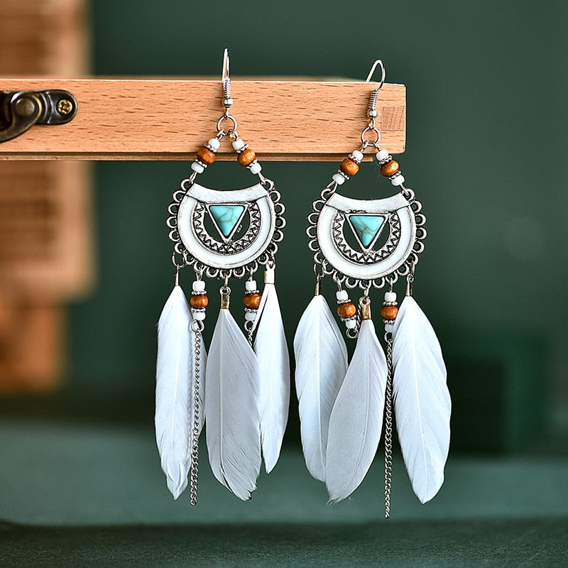 Vintage Bohemian Long Tassel Chain Feather Earrings For Women Boho Geometric Triangle Blue Stone Bead Handmade Wedding Earrings