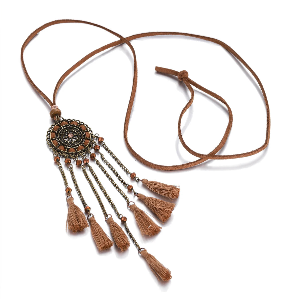 Wood Flower Bead Leaf Tassel Long Necklace Jewelry