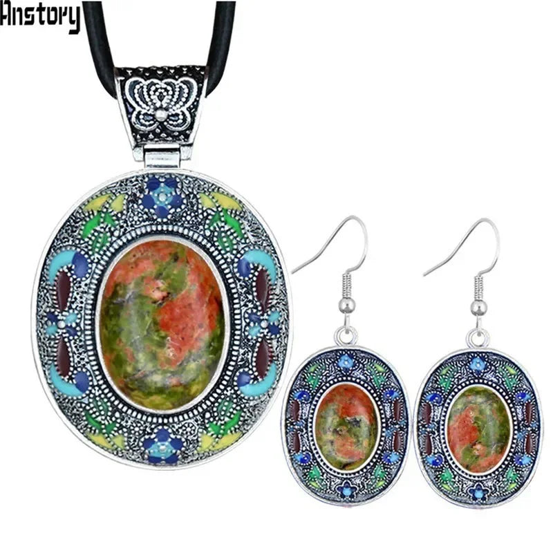 Vintage Oval Lapis Lazuli Jewelry Sets Natural Tiger Eey Unakite Quartz Necklace Earrings Bohemia Fashion Jewelry TS456 - Charlie Dolly
