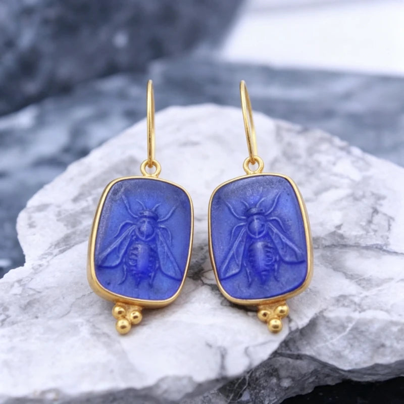 Vintage Luxury Synthetic Lapis Lazuli Hand Carved Bee Hook Earrings Women's Elegant Banquet Celebration Jewelry Accessories Gift - Charlie Dolly