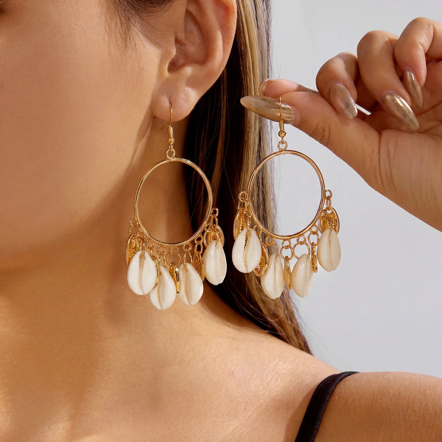 Gold Shell Chandelier Tassel Statement Earrings Jewelry