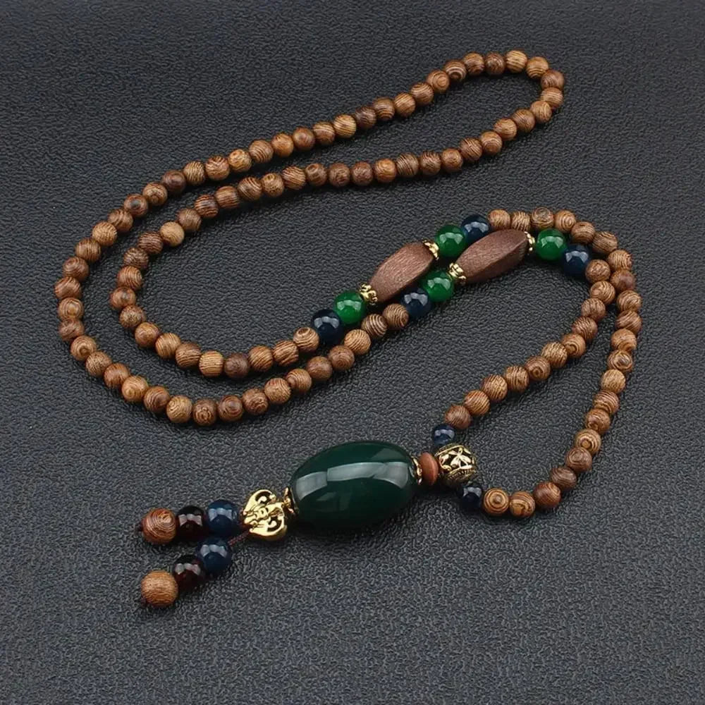 Nepal Wood Bead Mala Pendant Necklace Jewelry