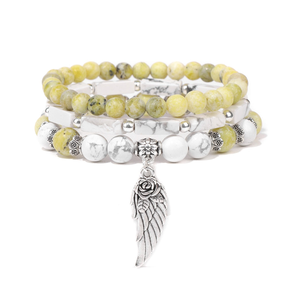 Handmade Silver Color Rose Angel Wing Pendant Bracelet Natural Pink Quartz Crystal Beads Charm Bracelet Women Romantic Jewelry