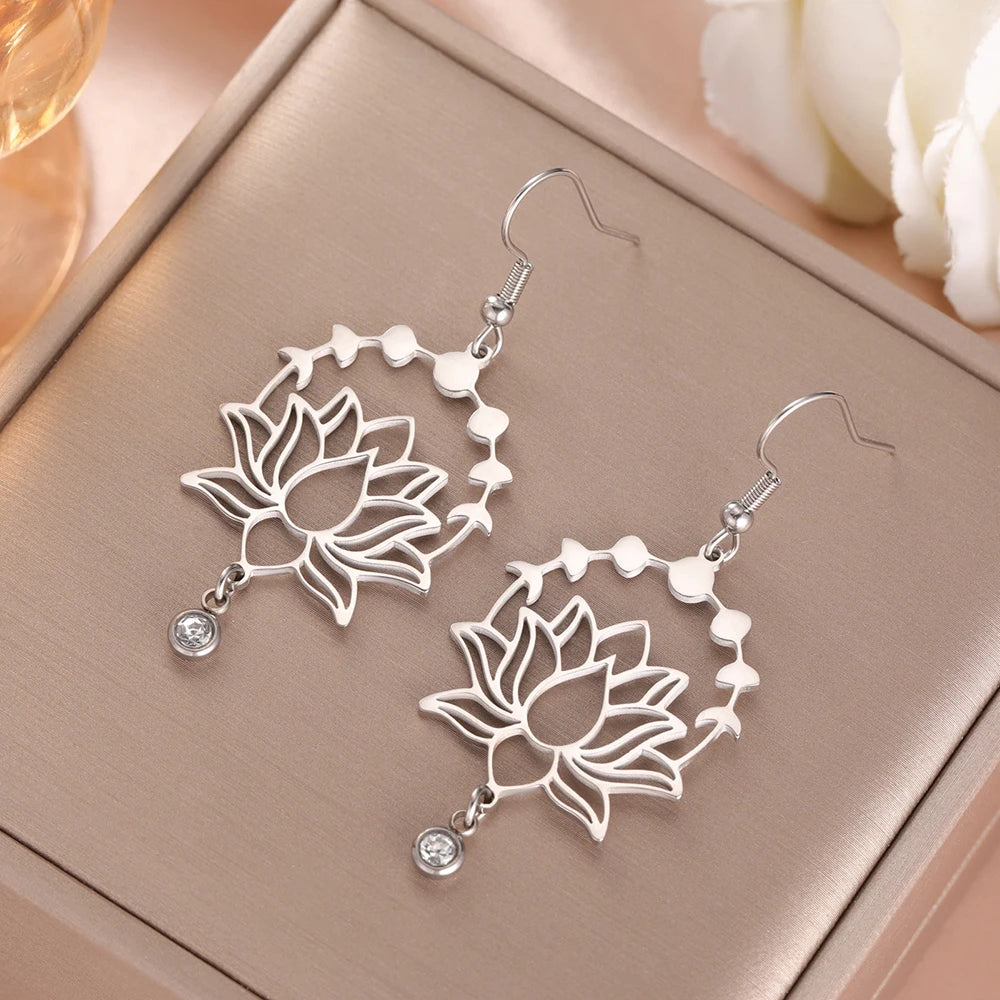 Moon Phase Lotus Dangle Earrings