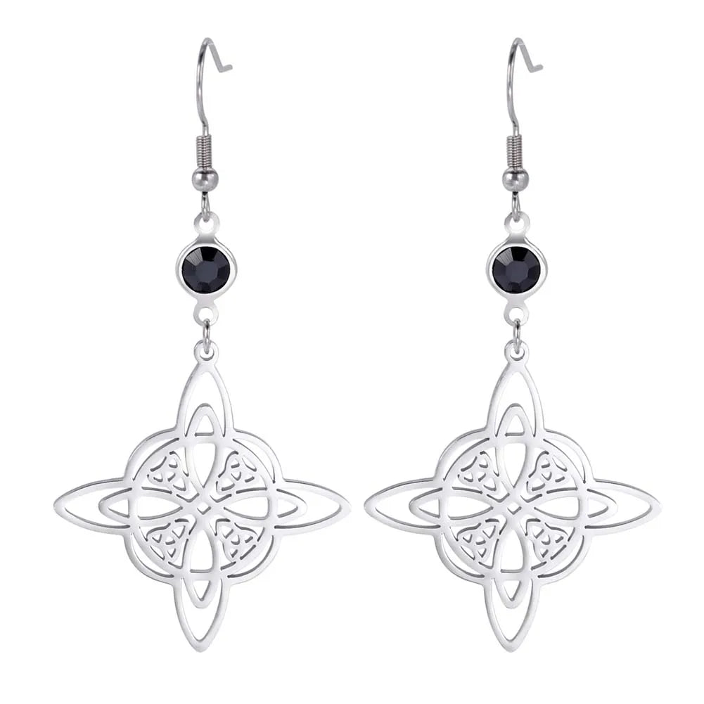 Triple Moon, Rune & Pentagram Hoop Earrings, Stainless Steel Witchy Amulet